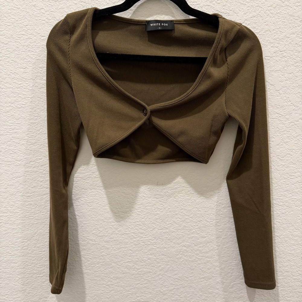 White Fox Boutique Ribbed Long Sleeve Crop Top Olive Green Wrap Front Small